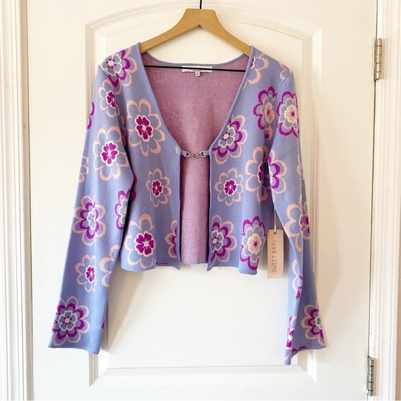 Sweet Rain Sweaters - SWEET RAIN Purple Floral Chain Closure Cardigan NWT Clueless Y2K